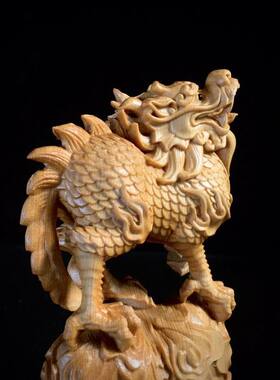 热销崖柏木雕麒麟小摆件 麒麟盘玩家居装饰实木雕刻办公室工艺品