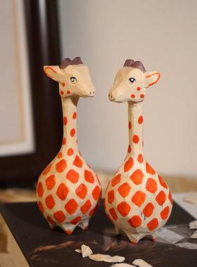 长颈鹿手工木雕小摆件办公室电脑桌面装饰手作艺品可爱卡通好物