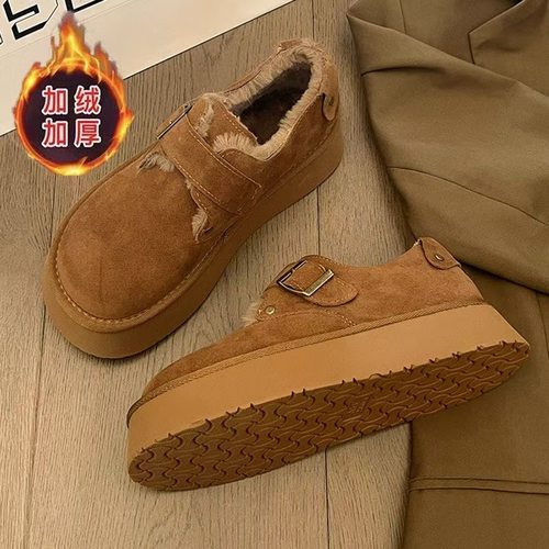 厚底加绒豆豆勃肯鞋女2025新款秋冬季毛毛乐福鞋博肯棉鞋子雪地靴 - 图2