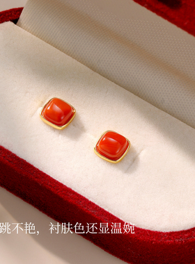 天然南红小方糖耳钉纯银玛瑙玉石正品高级气质女国风红色耳饰新款