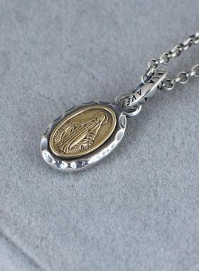 网红-925银复古银饰项链坠锤纹实心椭圆银牌吊坠男女款配饰