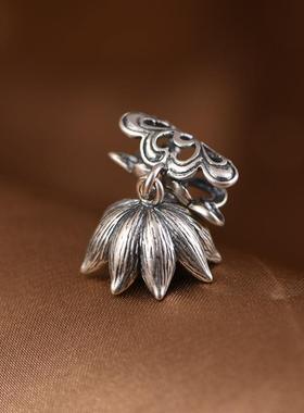 网红- 925银吊坠空托 复古莲花银针蜜蜡松石玉石坠子银托花托扣