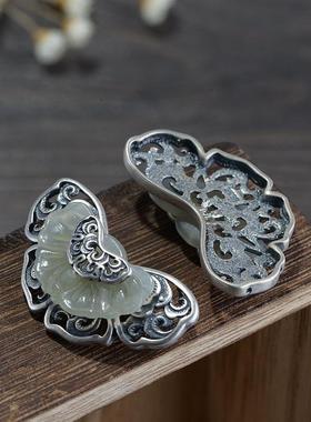 网红- 925银复古工艺银配件 女款镂空和田玉蝴蝶花胸针吊坠