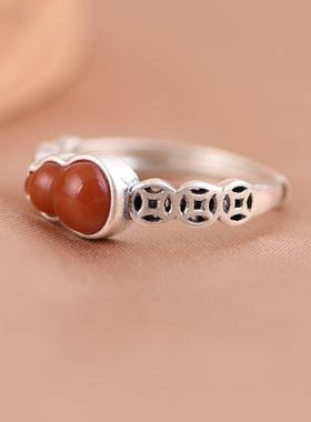 网红- 925银戒指 简约时尚古钱币南红葫芦可调节女戒饰品银指环