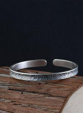 网红-足银手镯吉祥八宝复古做旧工艺凹面浮雕小众设计银饰镯子女