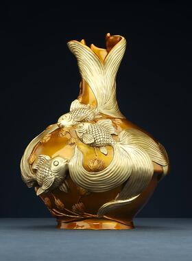 【年年有余】黄铜花瓶摆件工艺品客厅办公室家居装饰品