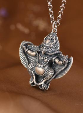 网红- 925银吊坠 复古做旧银镀金金翅大鹏鸟银翅膀瑞兽男女吊饰