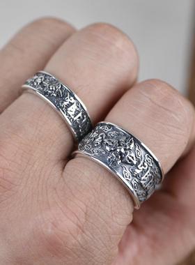 网红-925银复古工艺情侣款金刚杵开口戒指十字杵梵文银指环