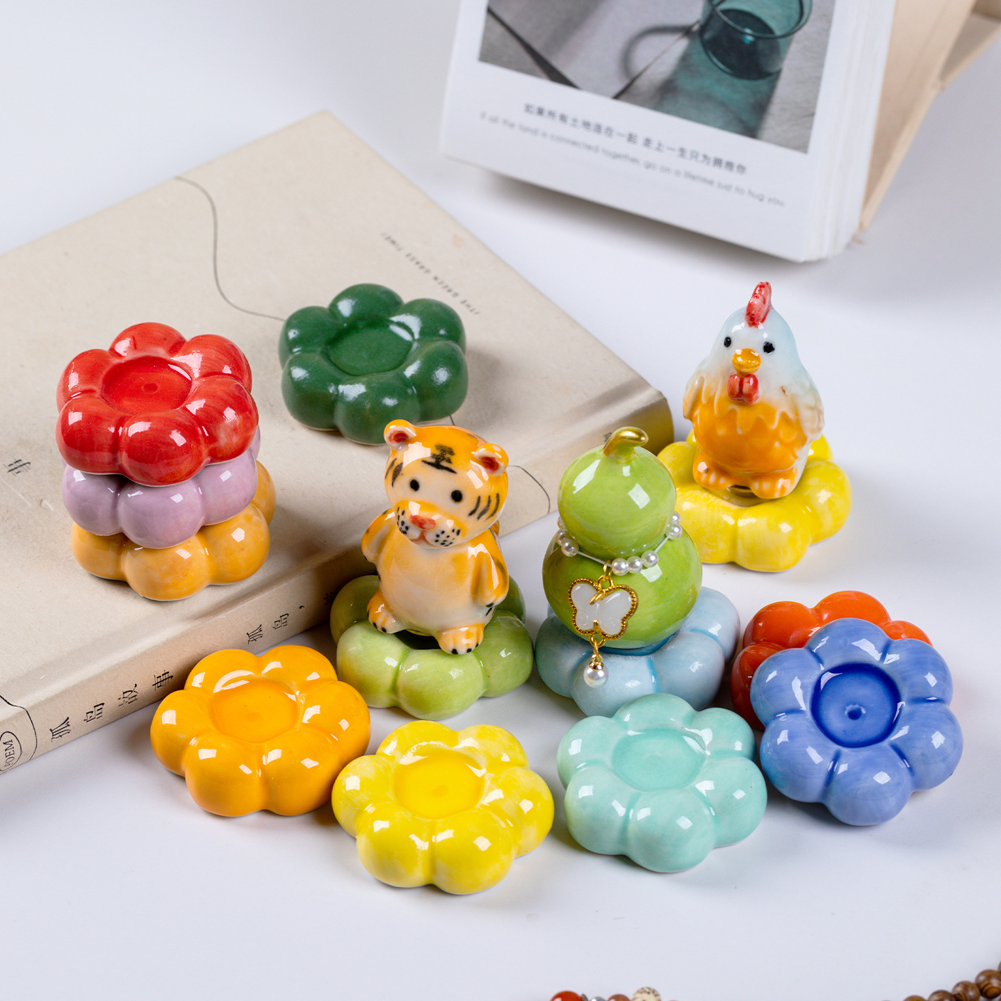 彩色花朵造型陶瓷桌面摆件可爱卡通装饰品创意托盘家居转转乐配件 - 图2