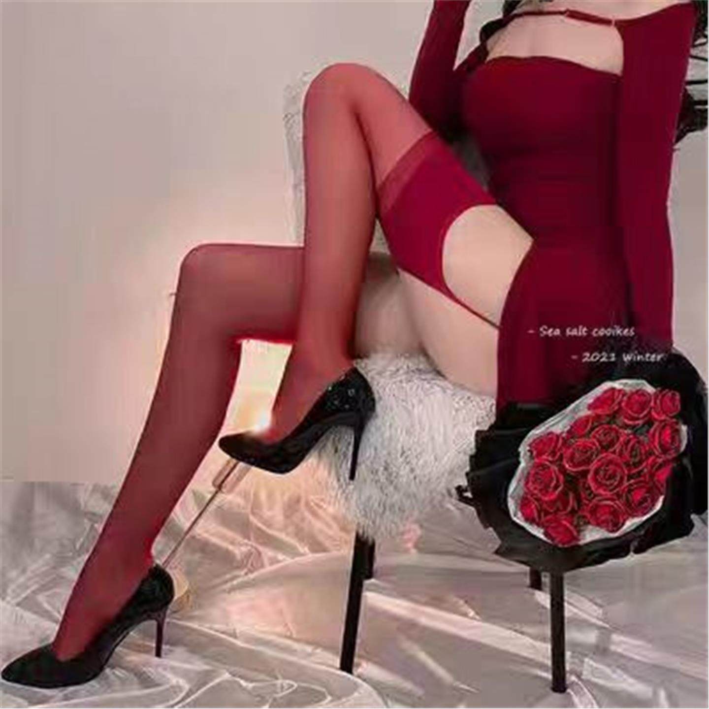 红色200斤吊带丝袜性感纯欲蕾丝花边过膝一体长筒袜子超薄款黑丝,淘宝优惠券,粉丝福利购,淘宝优惠卷
