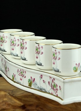 速发陶瓷供杯 音连杯 五连杯 描金荷花杯水杯酒杯三贡供供奉观三