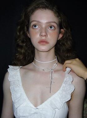 原创珍珠串珠蝴蝶结炼条皮绳颈饰项炼choker