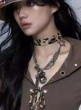 覆古重工朋克做旧小众钮扣怀表吊坠项炼拼接百搭腰炼 炼