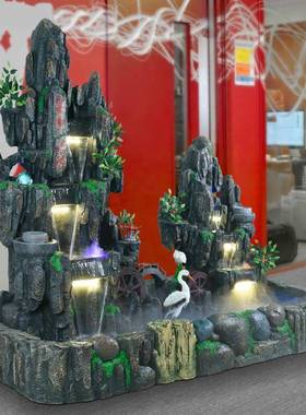 艺泉8017盆州大型室内假山流水喷泉景风水轮客厅室内落树地流水脂