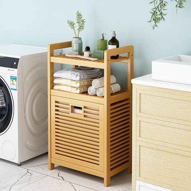 Household Japanese simple solid wood laundry basket storage rack multi-layer storage cabinet basket basket bathroom floor storage rack