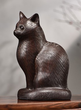 黑檀木雕b小猫咪摆件吉祥动物可爱红木家居装饰实木工艺品开业送