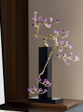 紫水晶迎客松造型装饰品别墅入户玄D关艺术工艺品现代中式创意摆