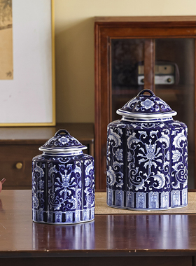 新中式青花瓷缠枝陶m瓷盖罐陶瓷花瓶可水培别墅陶瓷花瓶高级感摆