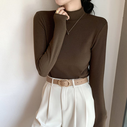 义乌市娥状纺织有限公司H319半高领双面磨毛打底衫女春秋款内搭纯 - 图0