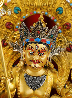 尼泊尔工艺财宝天王铜像摆件铜鎏金手工錾刻八马财神藏式佛像摆件