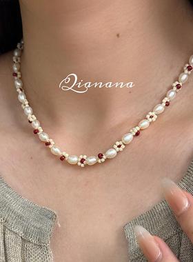 Qianana天然珍珠小花蝴蝶项链女