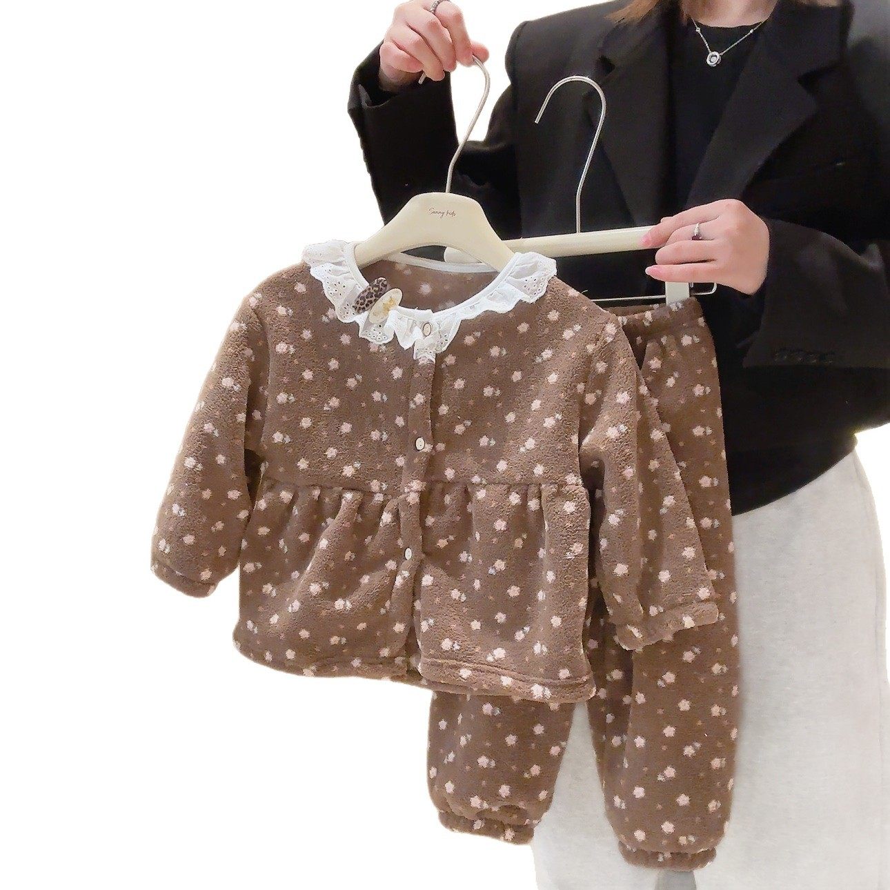 儿童睡衣女孩冬季加绒加厚家居服女童韩版甜美可爱保暖花边套装,淘宝优惠券,粉丝福利购,淘宝优惠卷