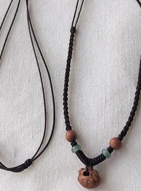 木质桃核红绳编织护身符项链女士