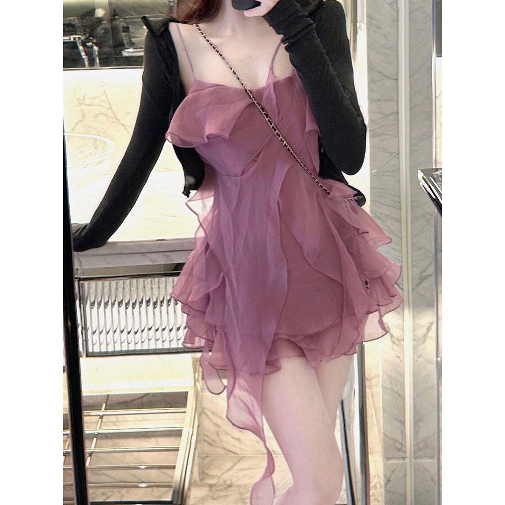 rose朴彩英同款紫色吊带荷叶边连衣裙花朵温柔夏季连衣裙短裙子