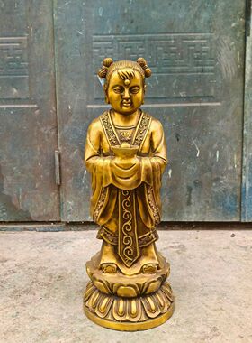 铜金童玉女铜像摆件莲花站像招财