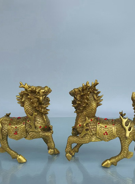 双角火麒麟一对黄铜招财神兽摆件
