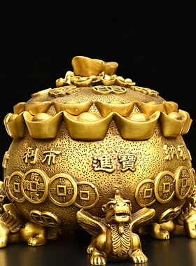 大号纯铜带盖聚宝盆四方纳t财开盖储蓄罐黄铜貔貅存钱家居桌面摆