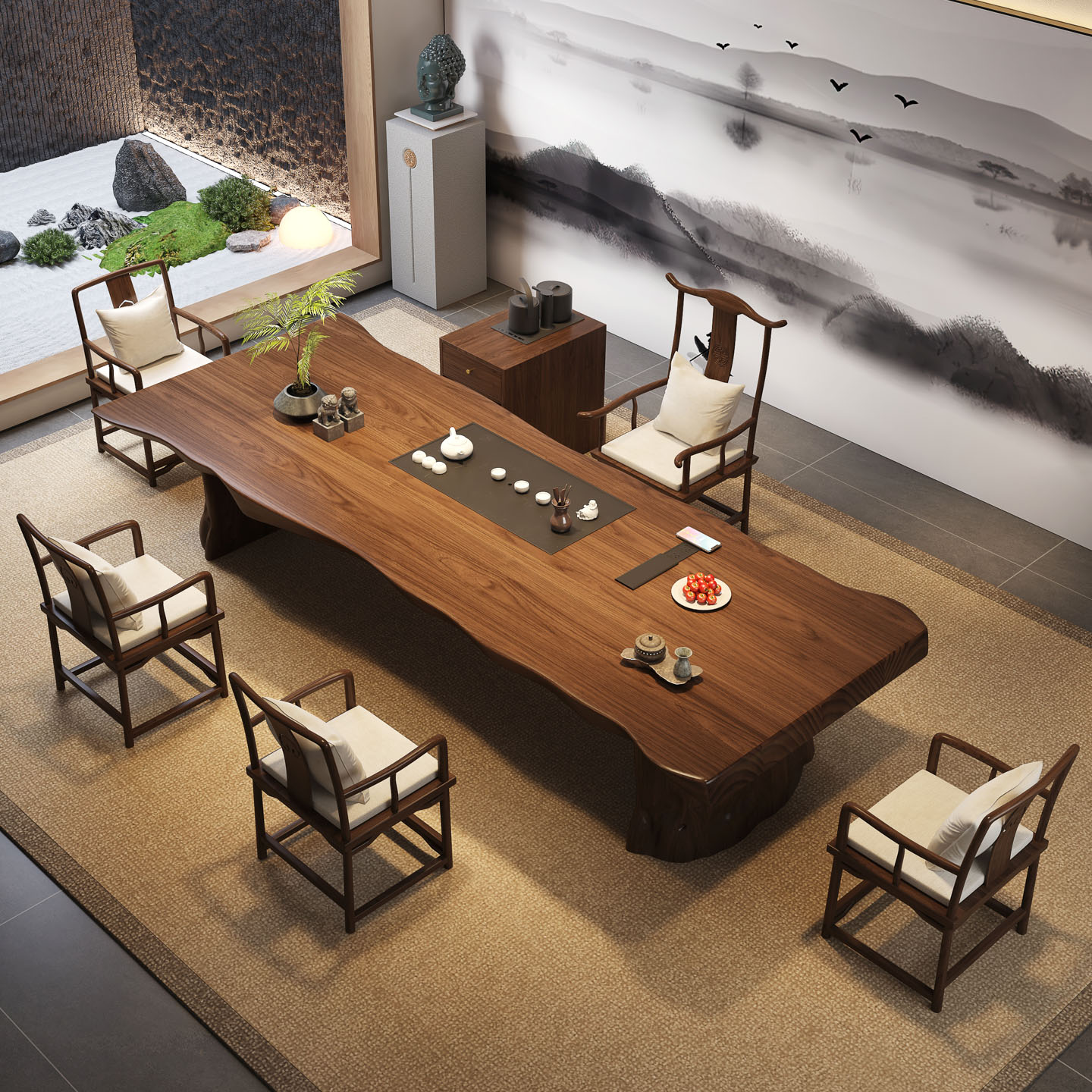 宋代美学全实木商业不规则大板茶桌椅组合接待桌会客办公泡茶台 - 图2