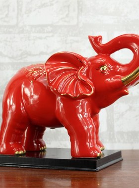 速发陶新大象摆件一对工艺品红色小象家迁乔居瓷房结婚礼品客厅小