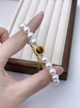 美拉德色系虎眼石珍珠手链$925镀金施家珍珠小众复古高级感手链