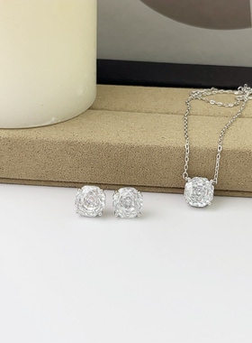 赵露思同款玫瑰钻项链S925银轻奢小众单颗钻锁骨链耳钉七夕礼物