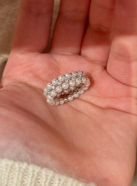 S925纯银双排珍珠戒指施家珍珠小众法式高级感弹力绳指环个性戒指