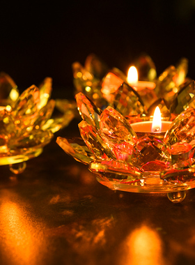 粉紫黄七彩水晶莲花摆件带孔酥油灯台家居客厅玄关装饰品