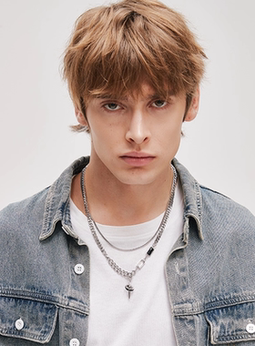 钛钢环绕星月芒星项链男士双层