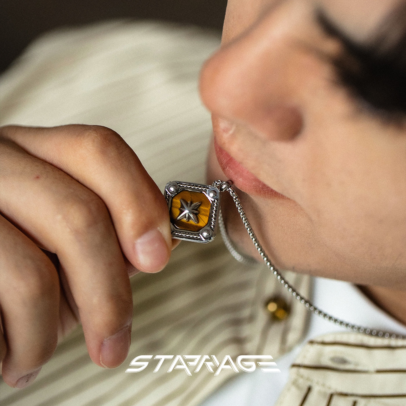 星宇纪项链男款原创虎眼石简约潮牌小众设计感潮流百搭男士项链