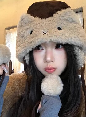 卡通毛绒雷锋帽子女2026秋冬新款加绒加厚保暖护耳帽显脸小防寒