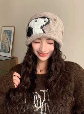 韩系可爱小狗针织毛线帽女秋冬季甜美休闲百搭显脸小保暖包头帽子