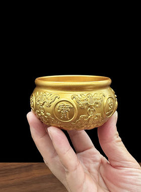 聚宝盆摆件黄铜袖珍迷你纯铜小号实心中式沈万三同款客厅装饰摆设