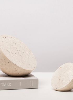 极简侘寂风黄洞石摆件餐桌烛台装饰天然大理石花瓶花器托盘饰