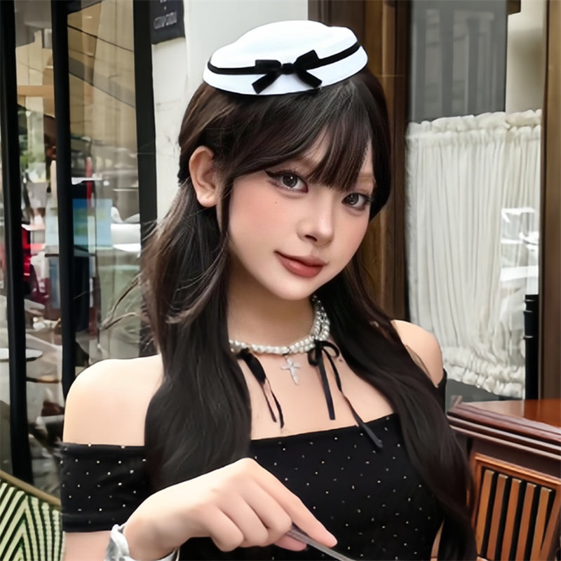 赫本英伦海军风贝雷帽女黑白丝绒蝴蝶结小礼帽可爱甜美圆顶帽发饰