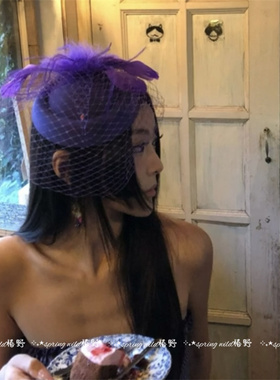 千禧辣妹风紫色羽毛小礼帽发夹