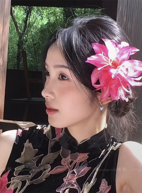 新中式玫粉色百合花朵发夹