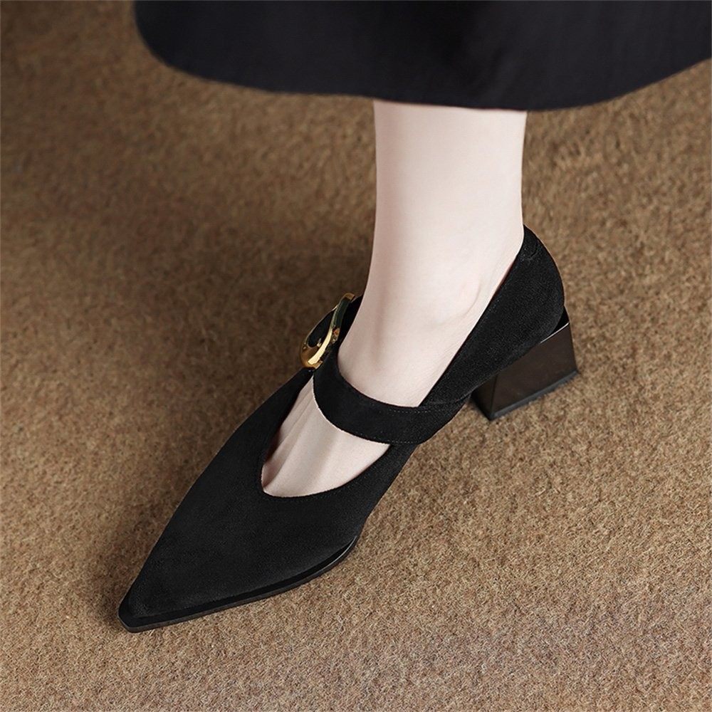 香港法式覆古尖头单鞋女秋季2025年新款绒面金属扣通勤粗跟高跟鞋,淘宝优惠券,粉丝福利购,淘宝优惠卷