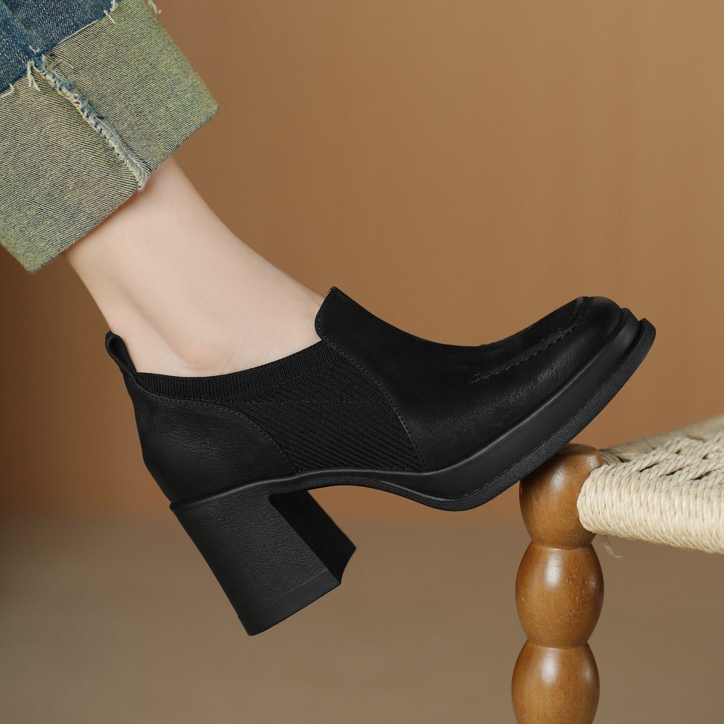 7CM小个子增高厚底单鞋女25秋季真皮粗跟针织弹力复古深口小皮鞋,淘宝优惠券,粉丝福利购,淘宝优惠卷