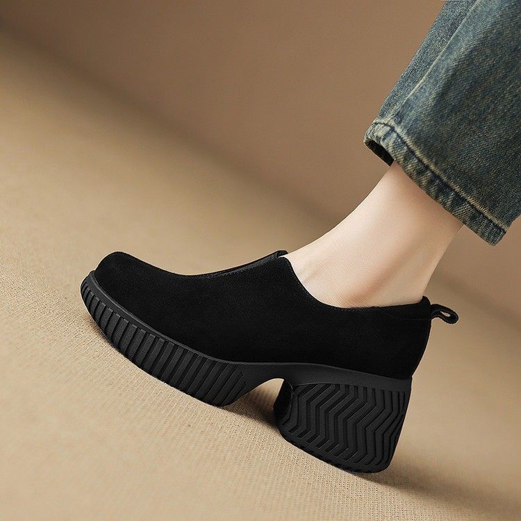 7.5CM 真皮圆头深口单鞋女2025年秋冬休闲复古松糕厚底粗跟小皮鞋,淘宝优惠券,粉丝福利购,淘宝优惠卷