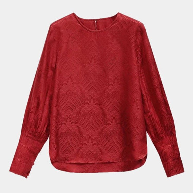 2025红色提花开叉衬衫加码女性胖毫米轻民族风格独特别致圆领长袖,淘宝优惠券,粉丝福利购,淘宝优惠卷